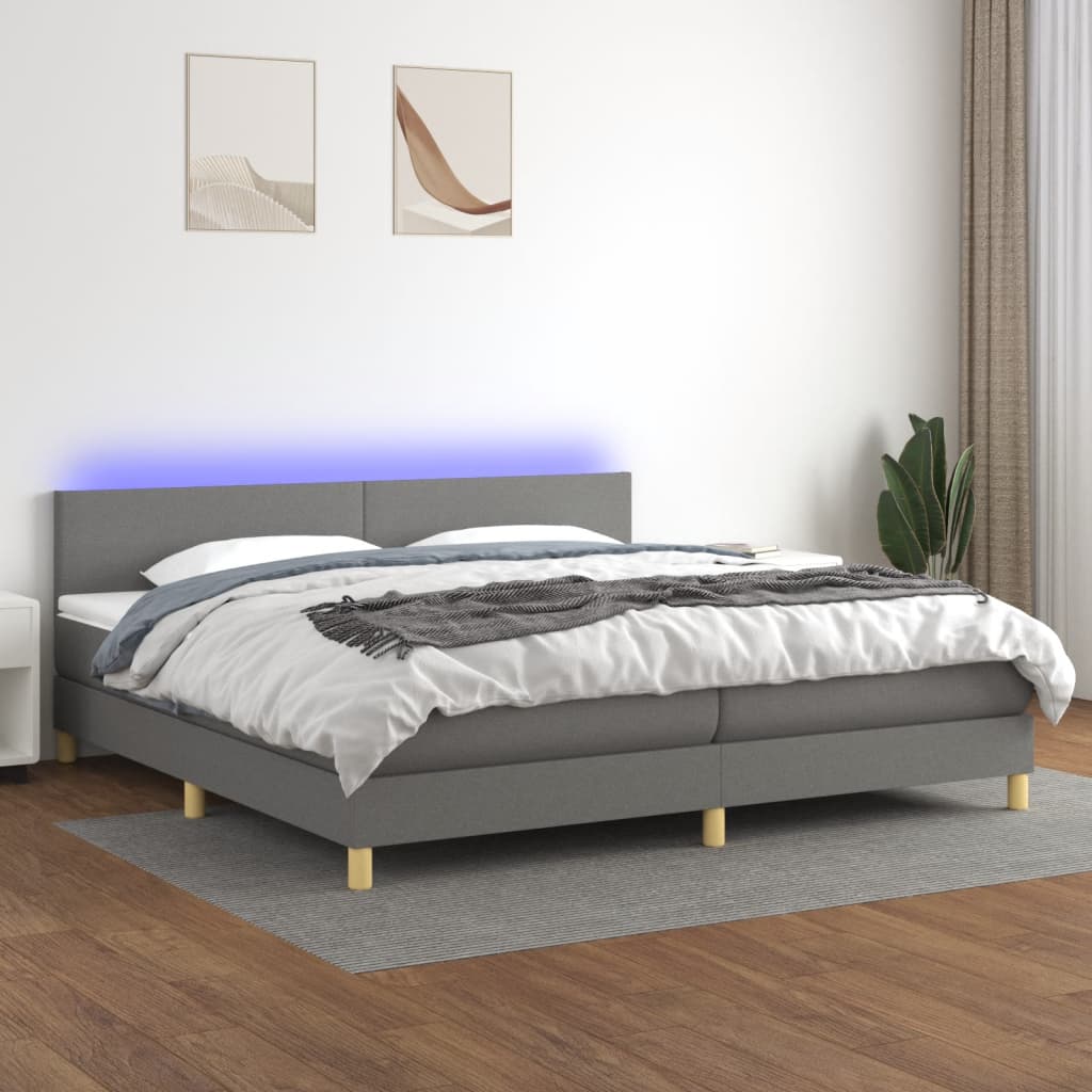 Letto a Molle Materasso e LED Grigio Scuro 200x200cm in Tessuto - homemem39