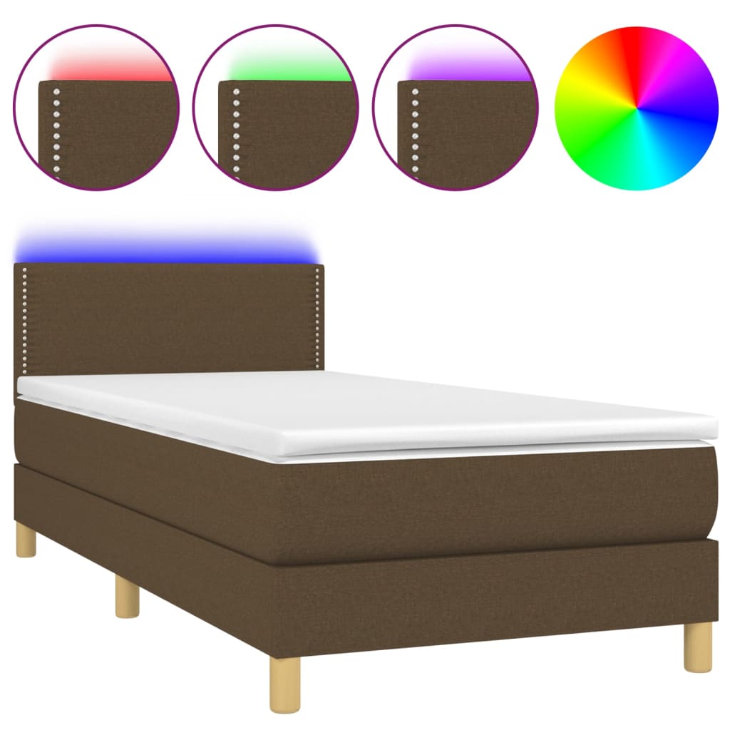 Letto a Molle Materasso e LED Marrone Scuro 90x190cm in Tessuto