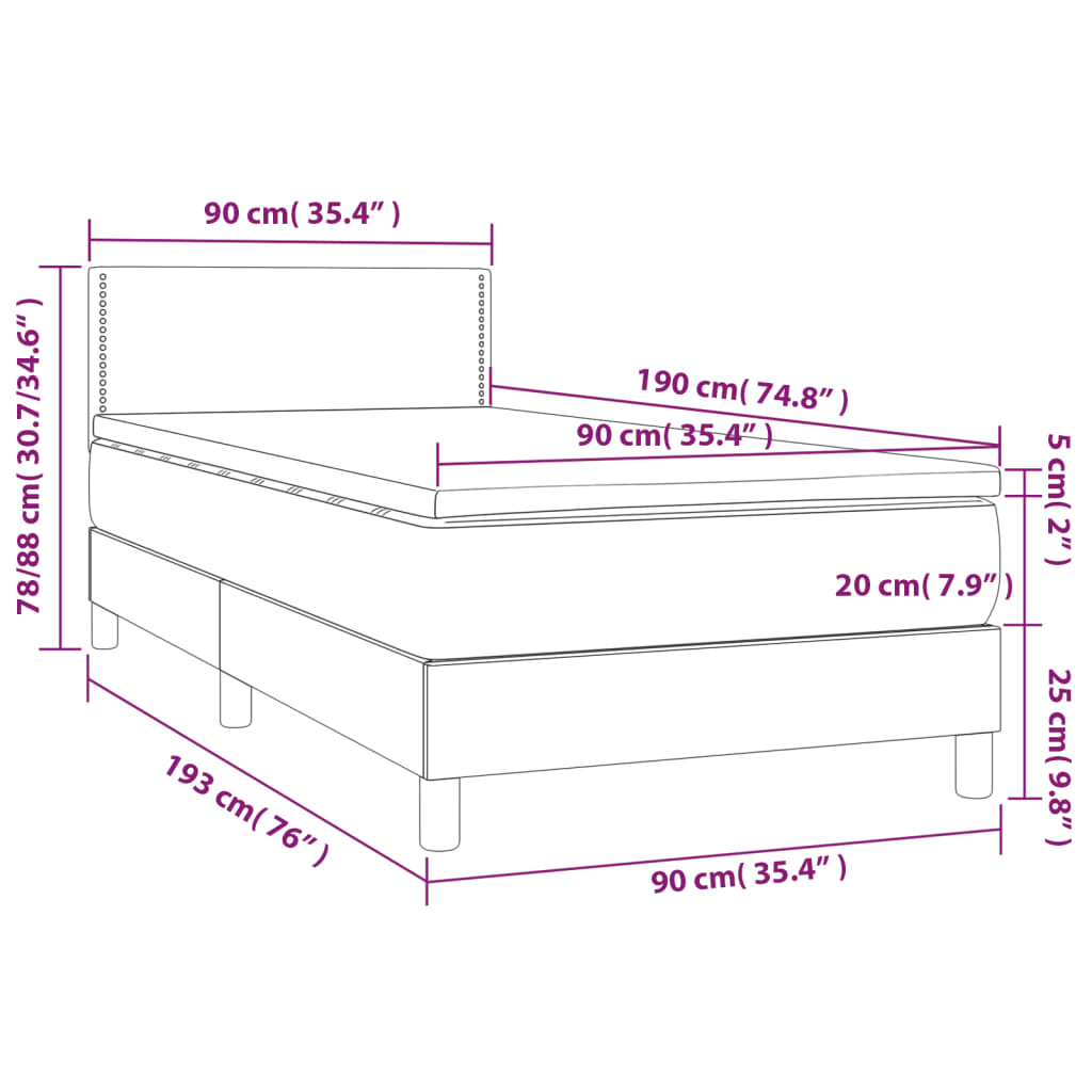 Letto a Molle con Materasso e LED Tortora 90x190 cm in Tessuto