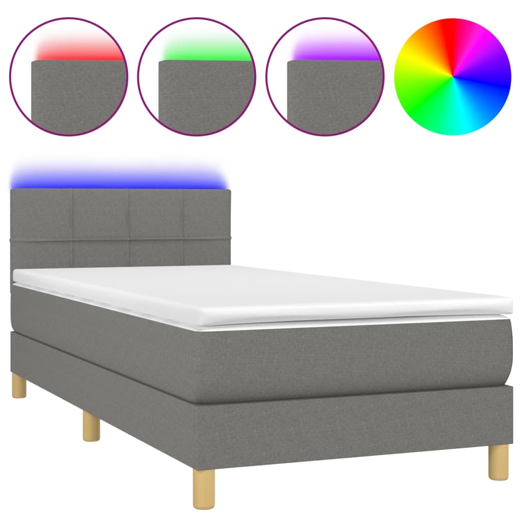 Letto a Molle Materasso e LED Grigio Scuro 90x200 cm in Tessuto