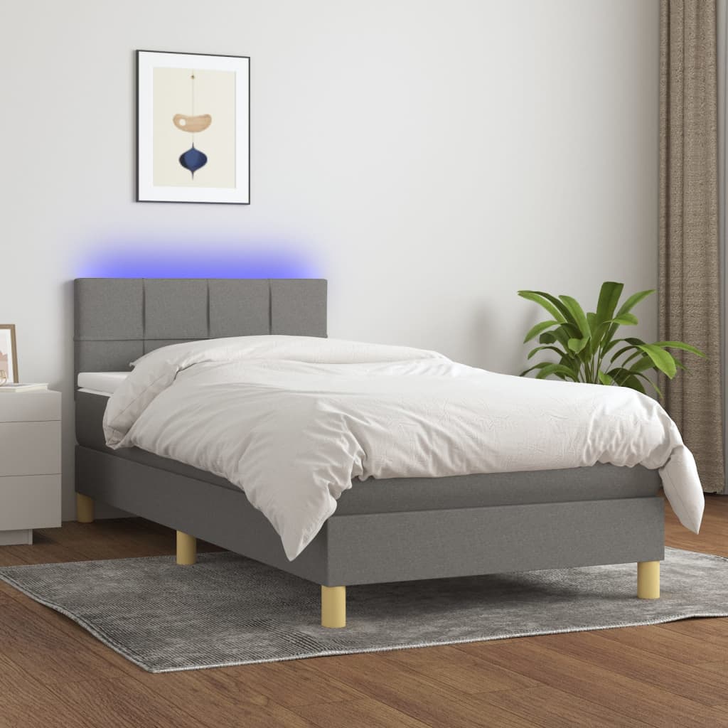 Letto a Molle Materasso e LED Grigio Scuro 90x200 cm in Tessuto