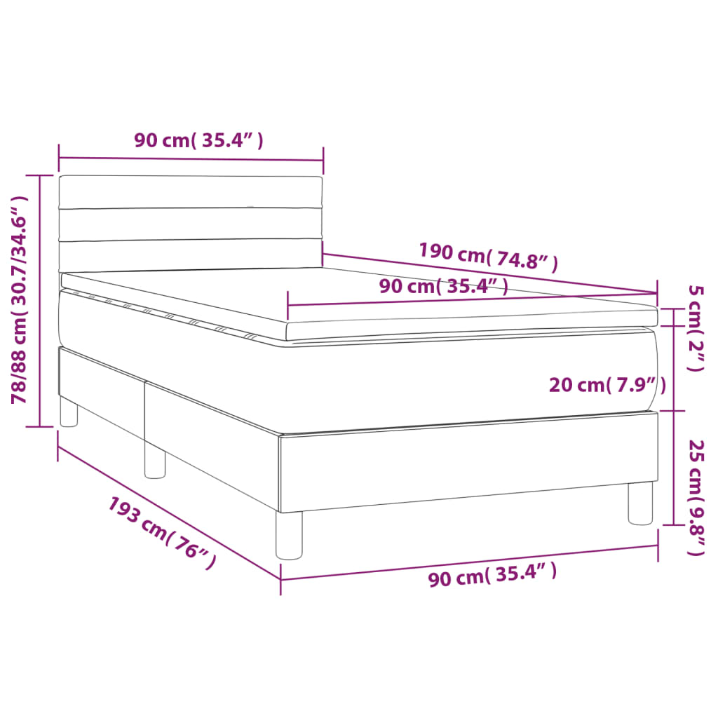 Letto a Molle con Materasso e LED Tortora 90x190 cm in Tessuto