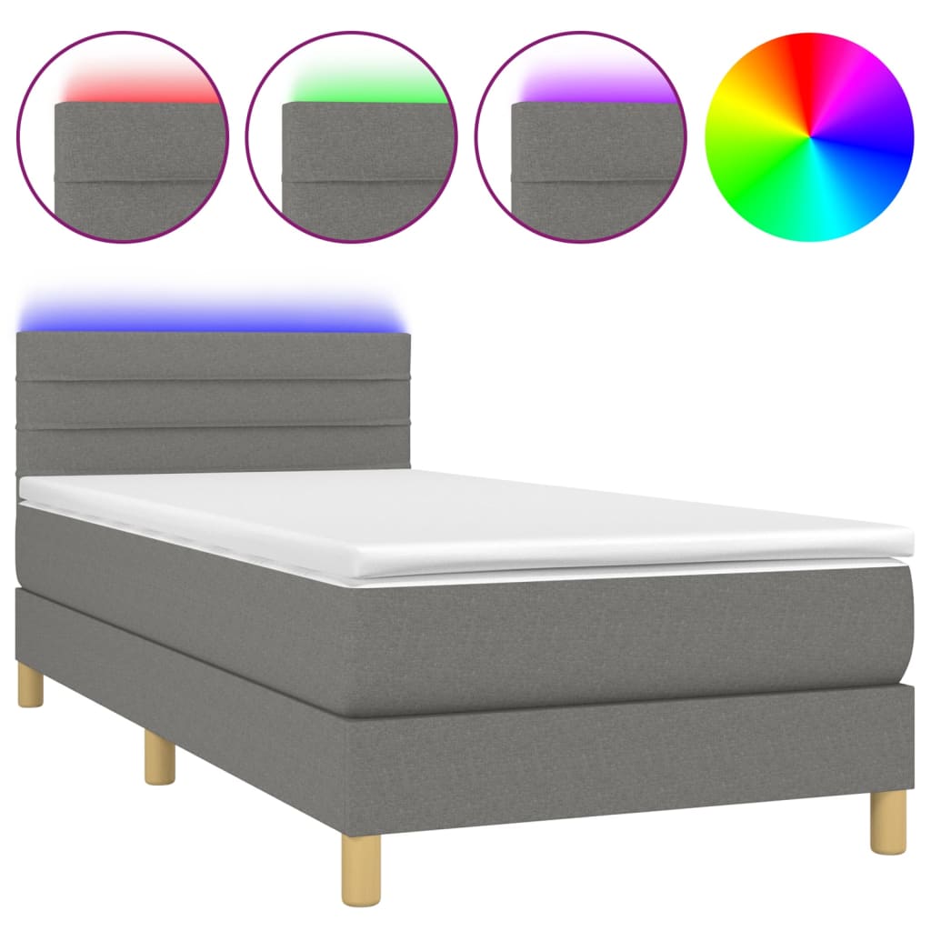 Letto a Molle Materasso e LED Grigio Scuro 100x200cm in Tessuto