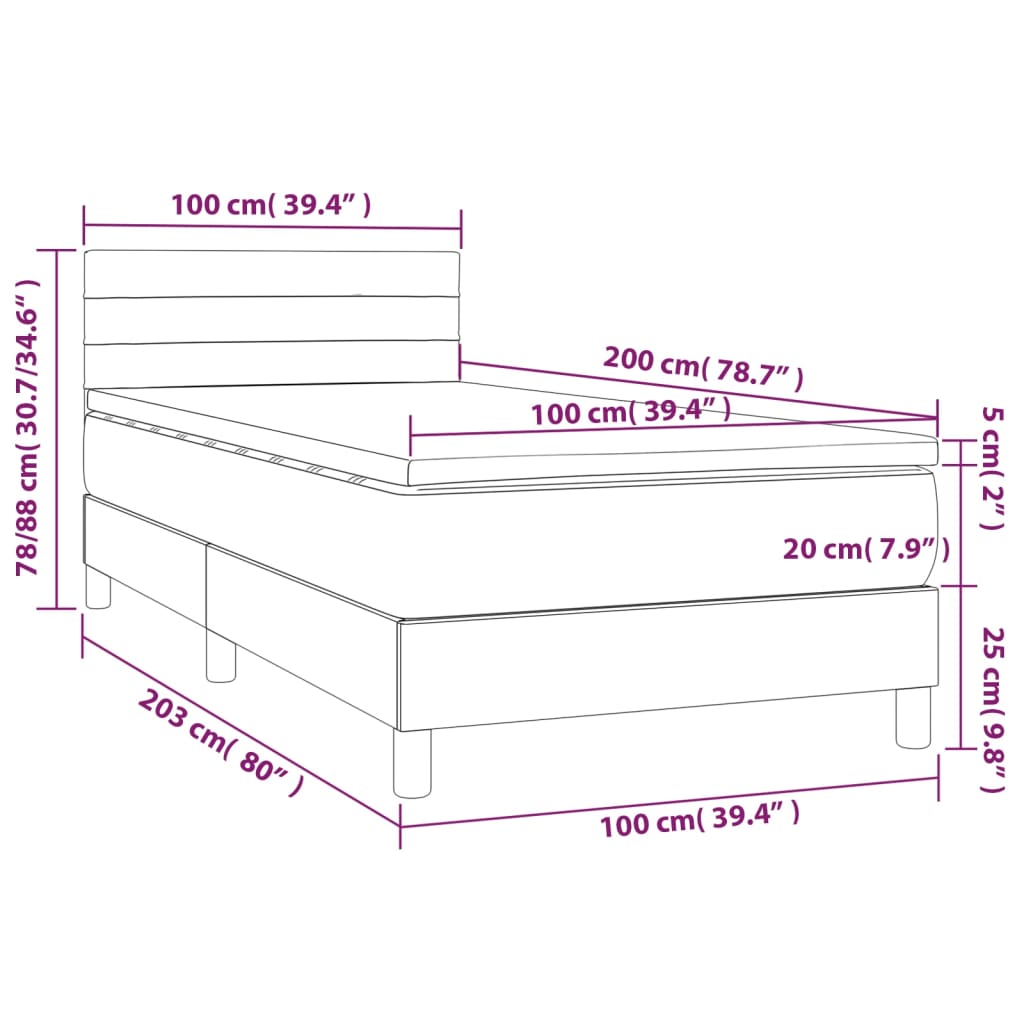 Letto a Molle con Materasso e LED Tortora 100x200cm in Tessuto - homemem39