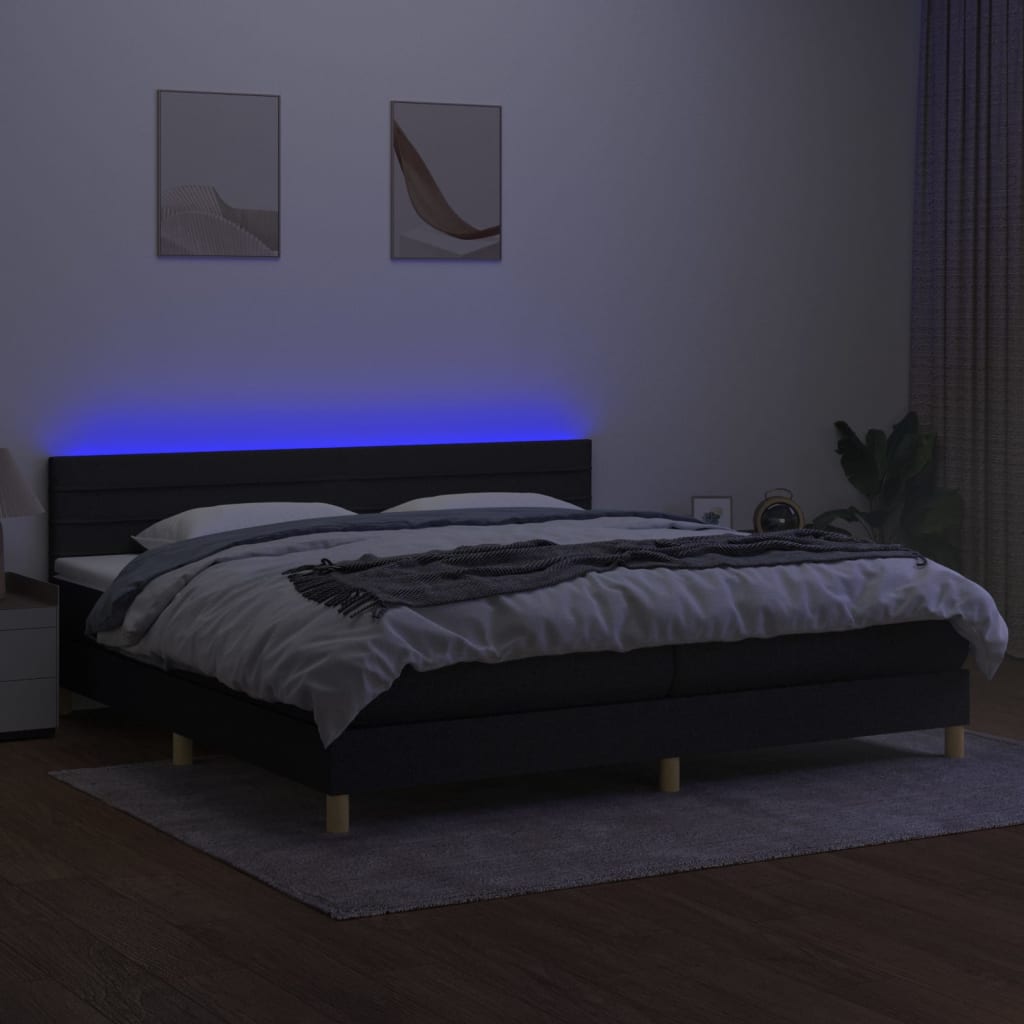 Letto a Molle Materasso e LED Nero 200x200cm in Tessuto - homemem39