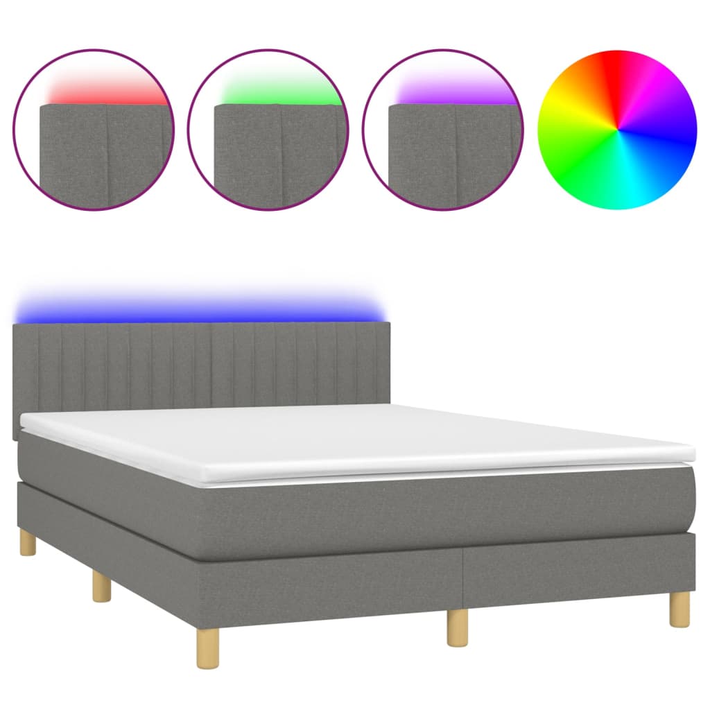 Letto a Molle Materasso e LED Grigio Scuro 140x200cm in Tessuto - homemem39