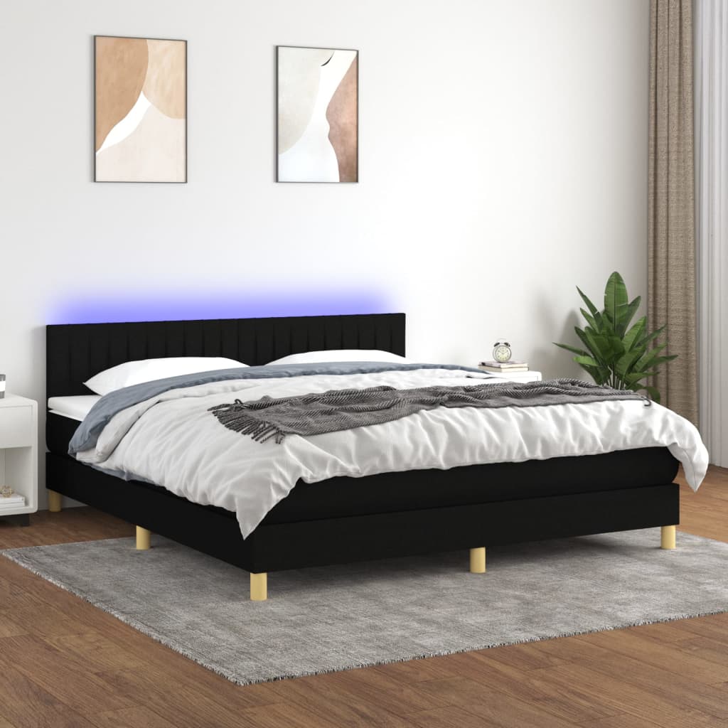 Letto a Molle con Materasso e LED Nero 160x200 cm in Tessuto