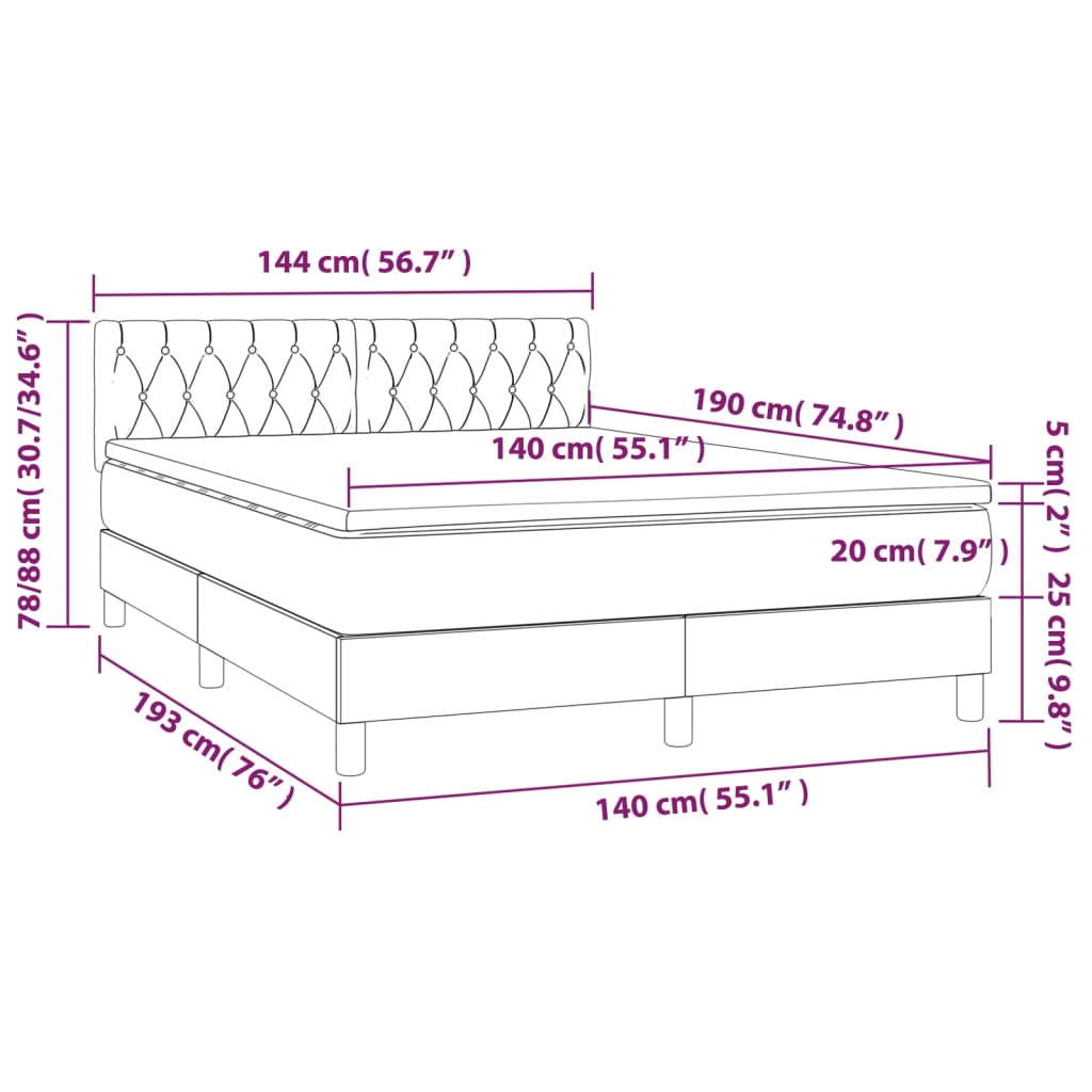 Letto a Molle con Materasso e LED Tortora 140x190 cm in Tessuto - homemem39