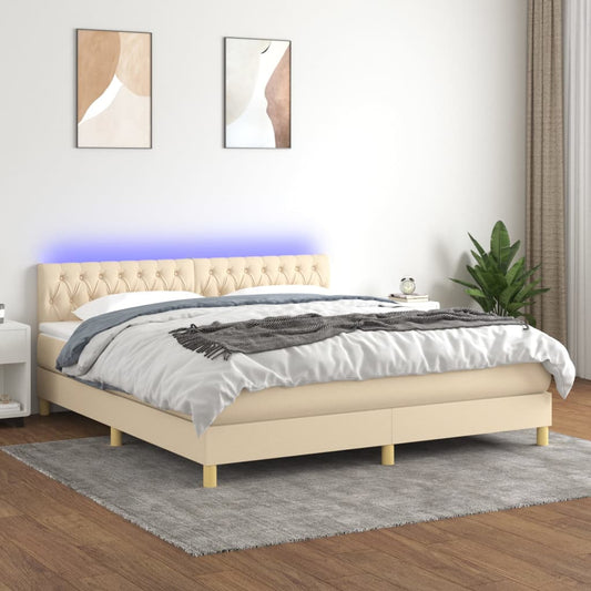 Letto a Molle con Materasso e LED Crema 160x200 cm in Tessuto