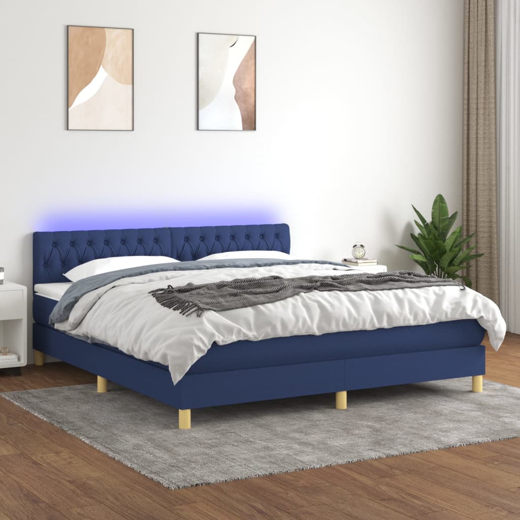 Letto a Molle con Materasso e LED Blu 180x200 cm in Tessuto - homemem39