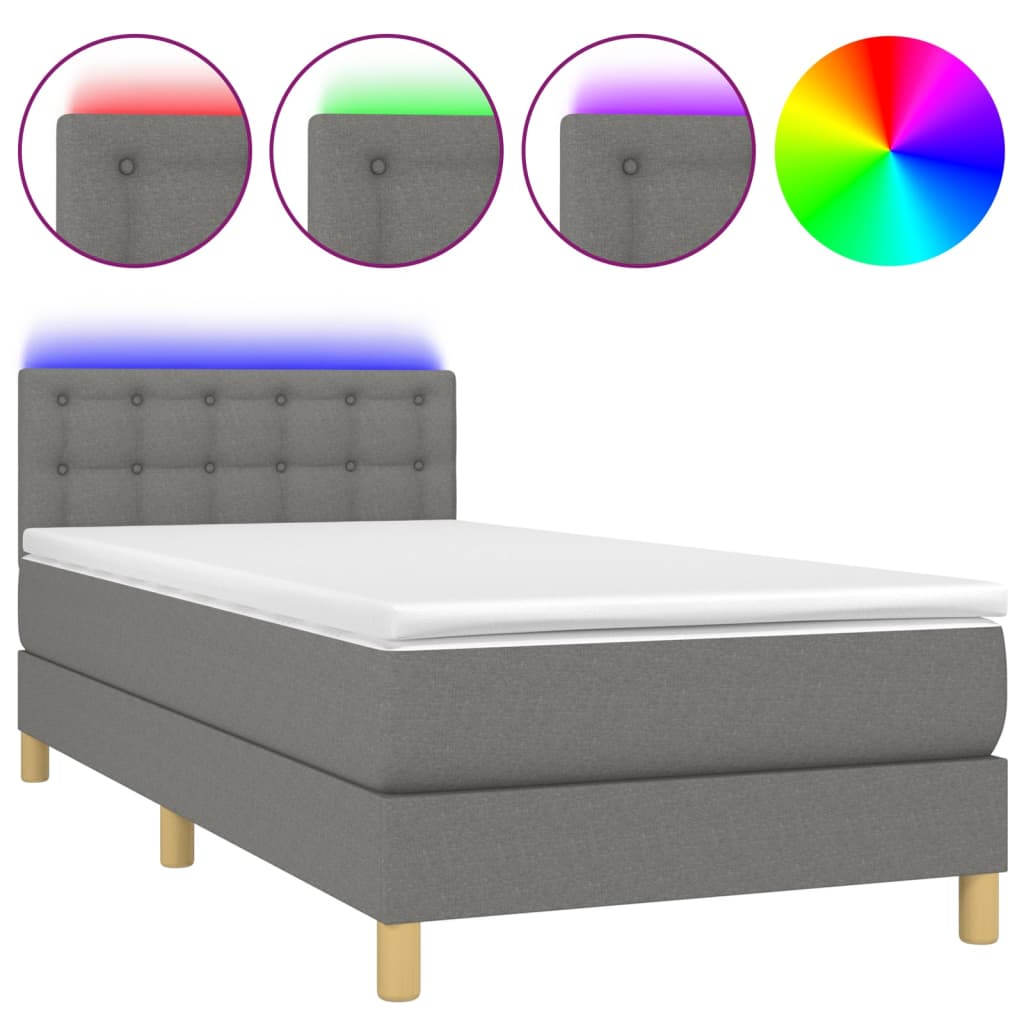 Letto a Molle Materasso e LED Grigio Scuro 90x200 cm in Tessuto - homemem39