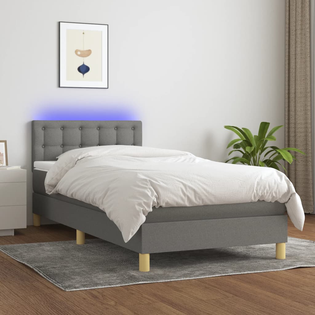 Letto a Molle Materasso e LED Grigio Scuro 100x200cm in Tessuto - homemem39