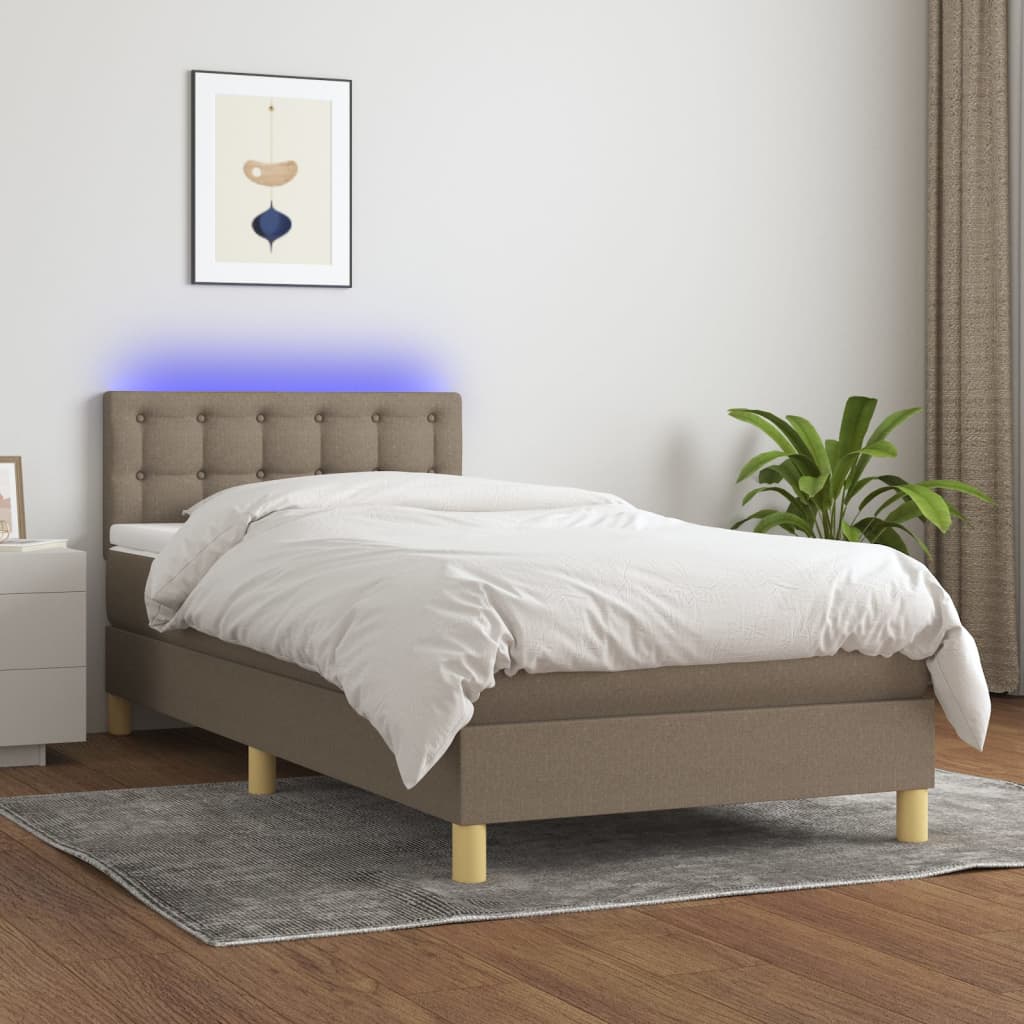 Letto a Molle con Materasso e LED Tortora 100x200cm in Tessuto - homemem39