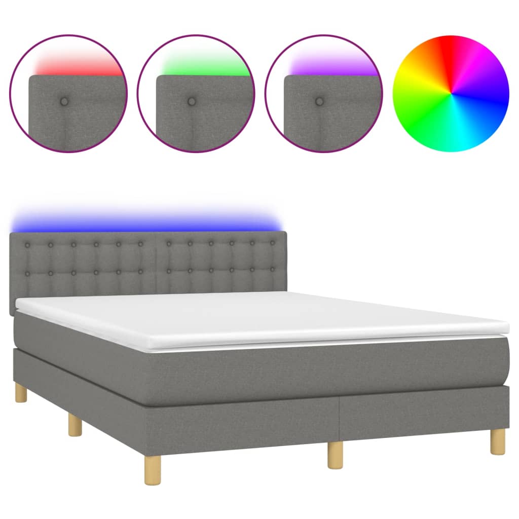 Letto a Molle Materasso e LED Grigio Scuro 140x190cm in Tessuto