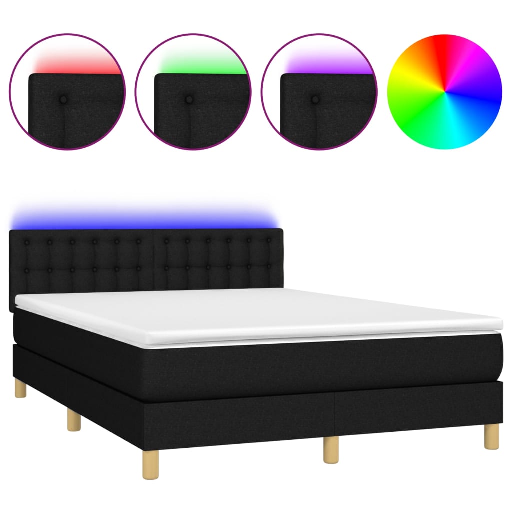 Letto a Molle con Materasso e LED Nero 140x200 cm in Tessuto