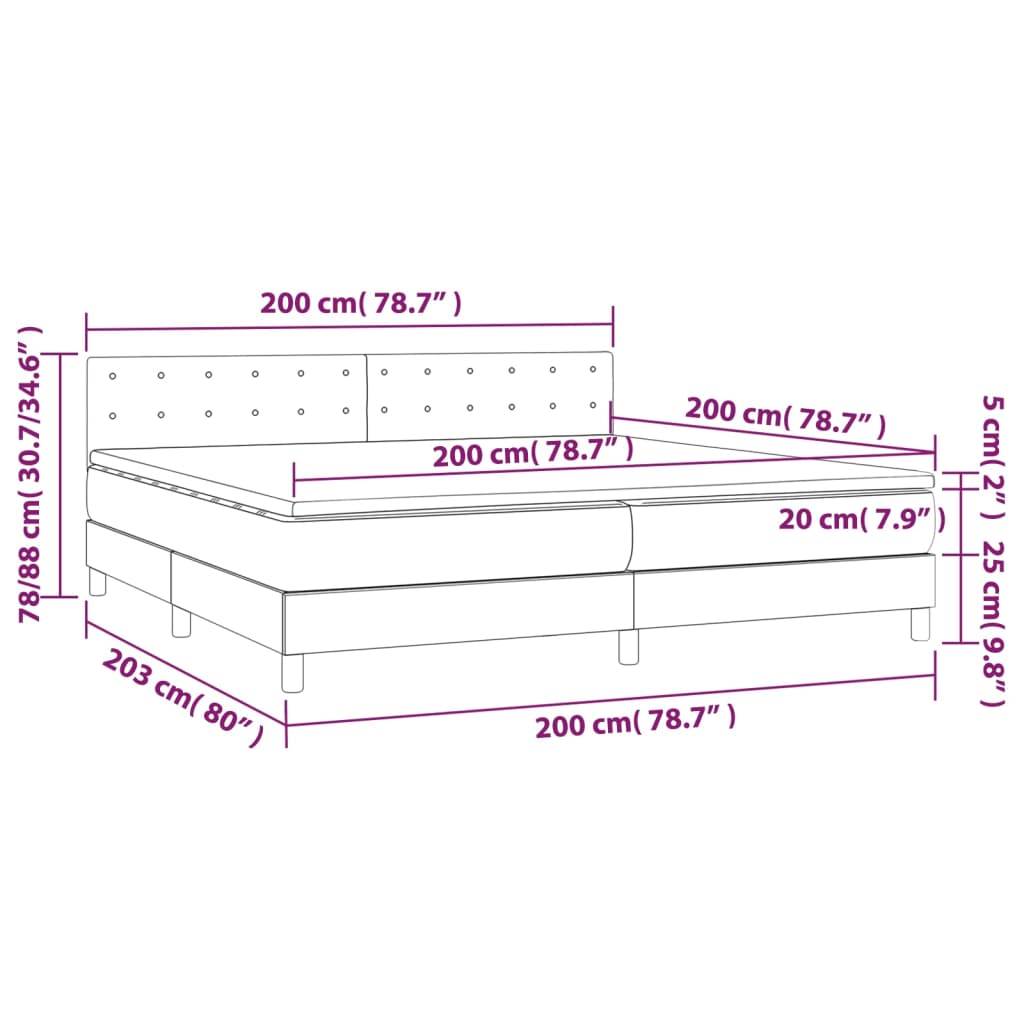 Letto a Molle Materasso e LED tortora 200x200cm in Tessuto