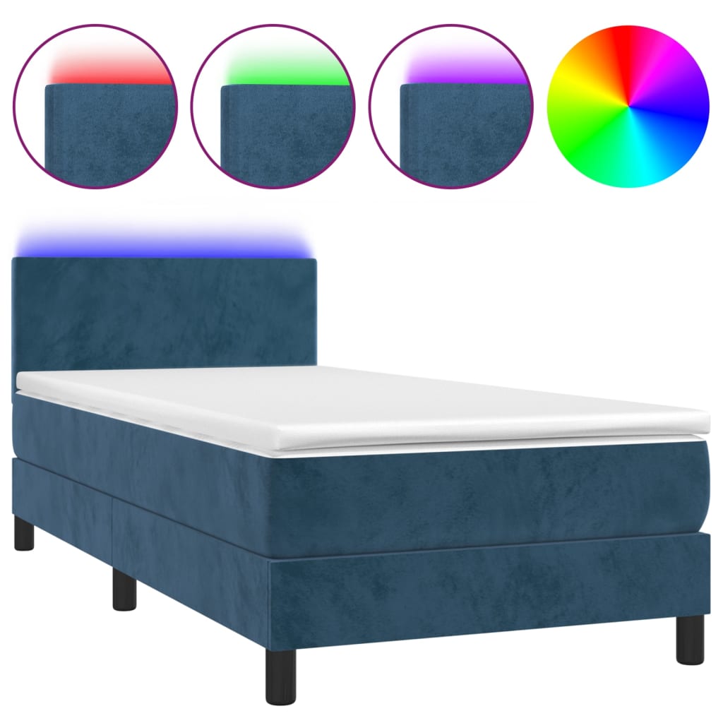 Letto a Molle con Materasso e LED Blu Scuro 80x200cm in Velluto