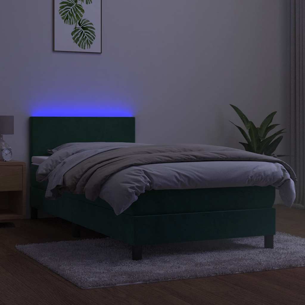 Letto a Molle con Materasso e LED Verde Scuro 90x190 cm Velluto