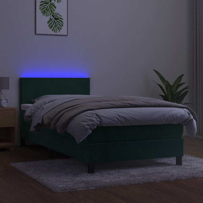 Letto a Molle con Materasso e LED Verde Scuro 90x190 cm Velluto