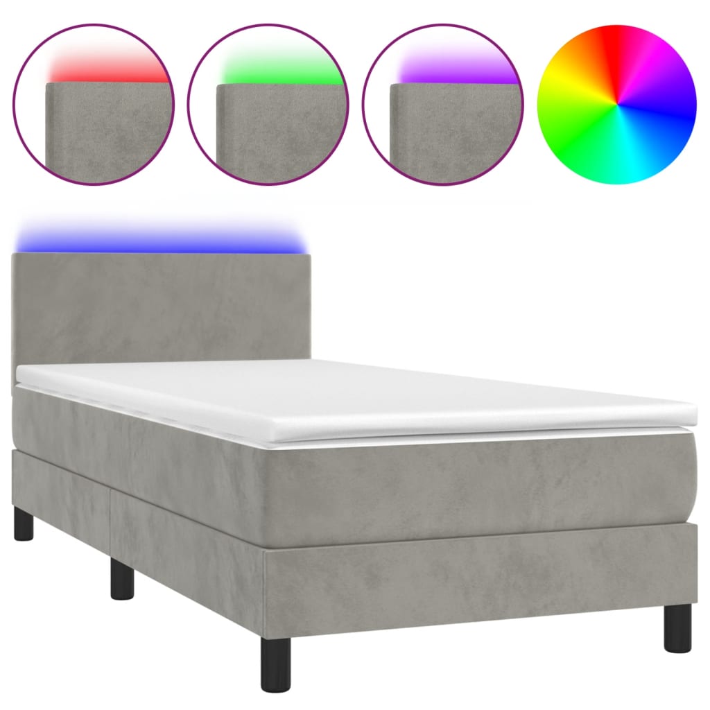 Letto a Molle con Materasso e LED Grigio Chiaro 100x200 cm Velluto | homemem39