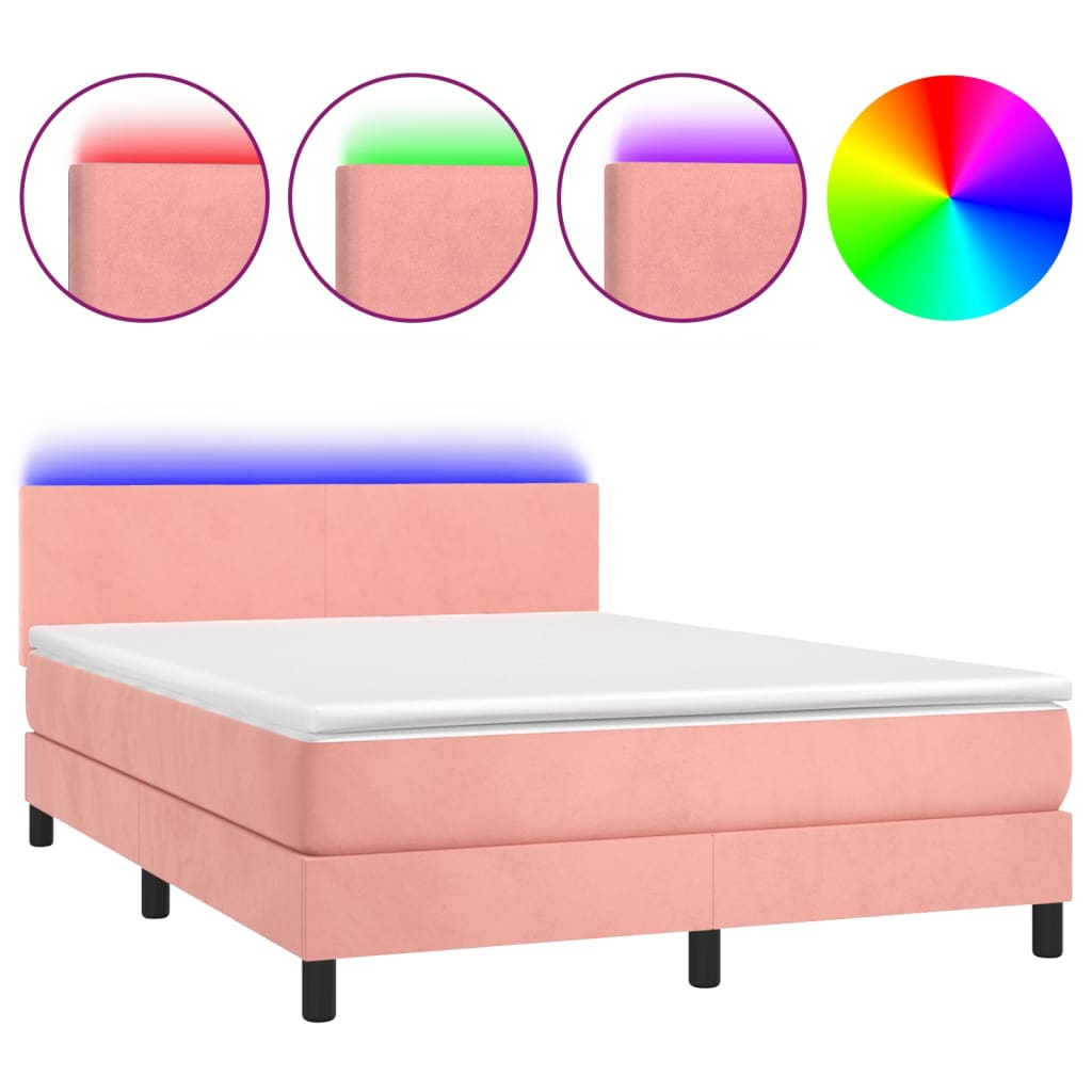 Letto a Molle con Materasso e LED Rosa 140x190 cm in Velluto - homemem39