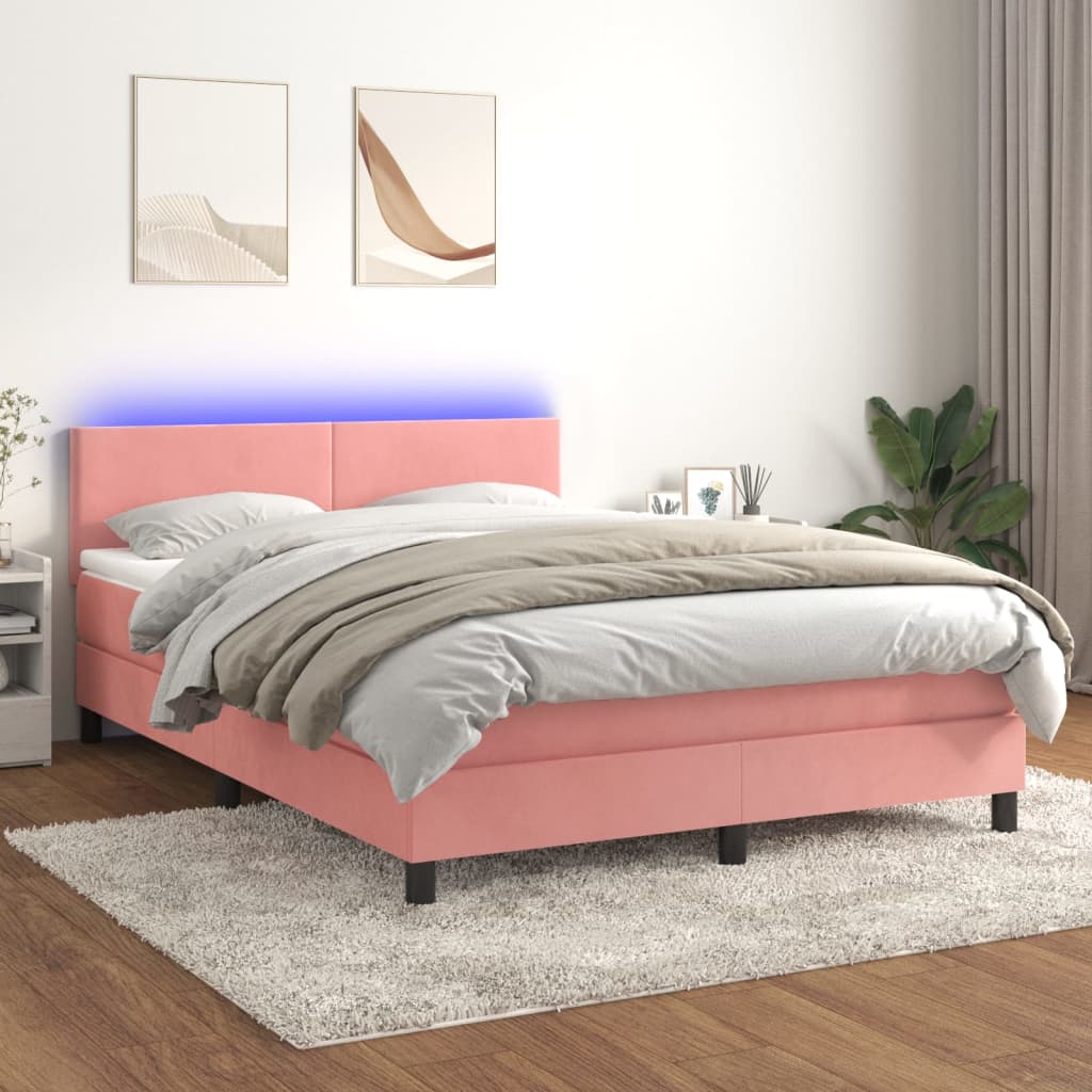 Letto a Molle con Materasso e LED Rosa 140x190 cm in Velluto - homemem39