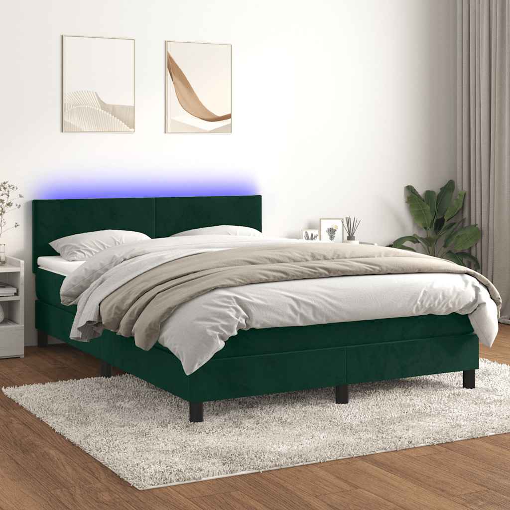 Letto a Molle con Materasso e LED Verde Scuro 140x200cm Velluto