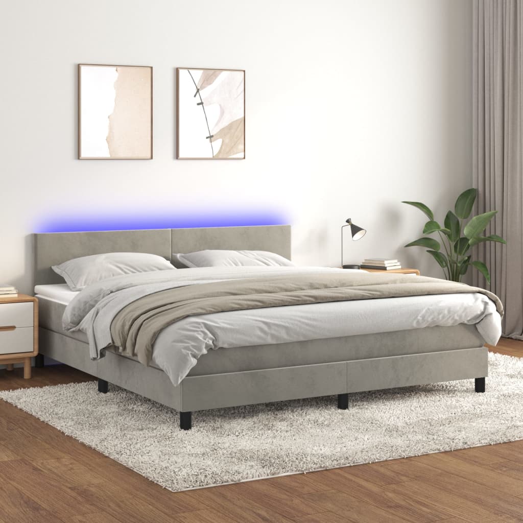 Letto a Molle con Materasso e LED Grigio Chiaro 160x200 cm Velluto