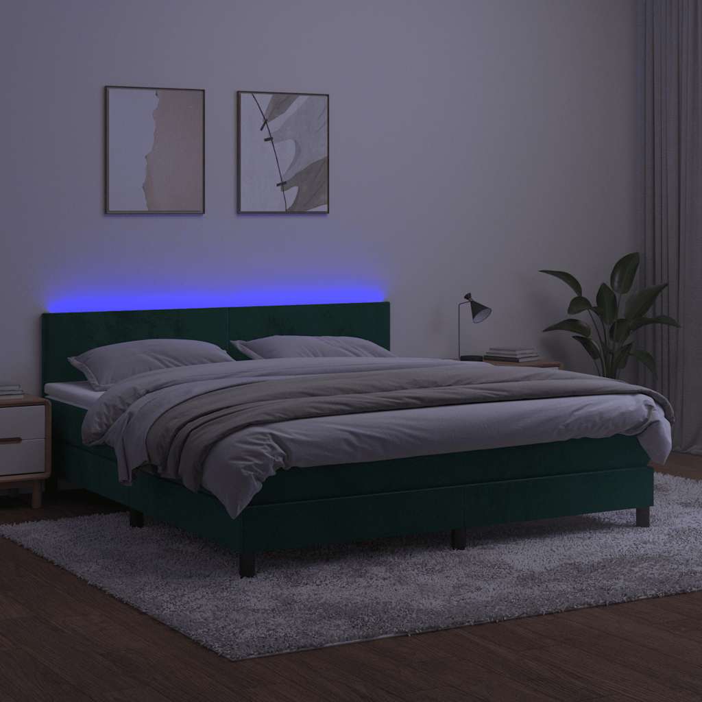 Letto a Molle con Materasso e LED Verde Scuro 160x200cm Velluto | homemem39