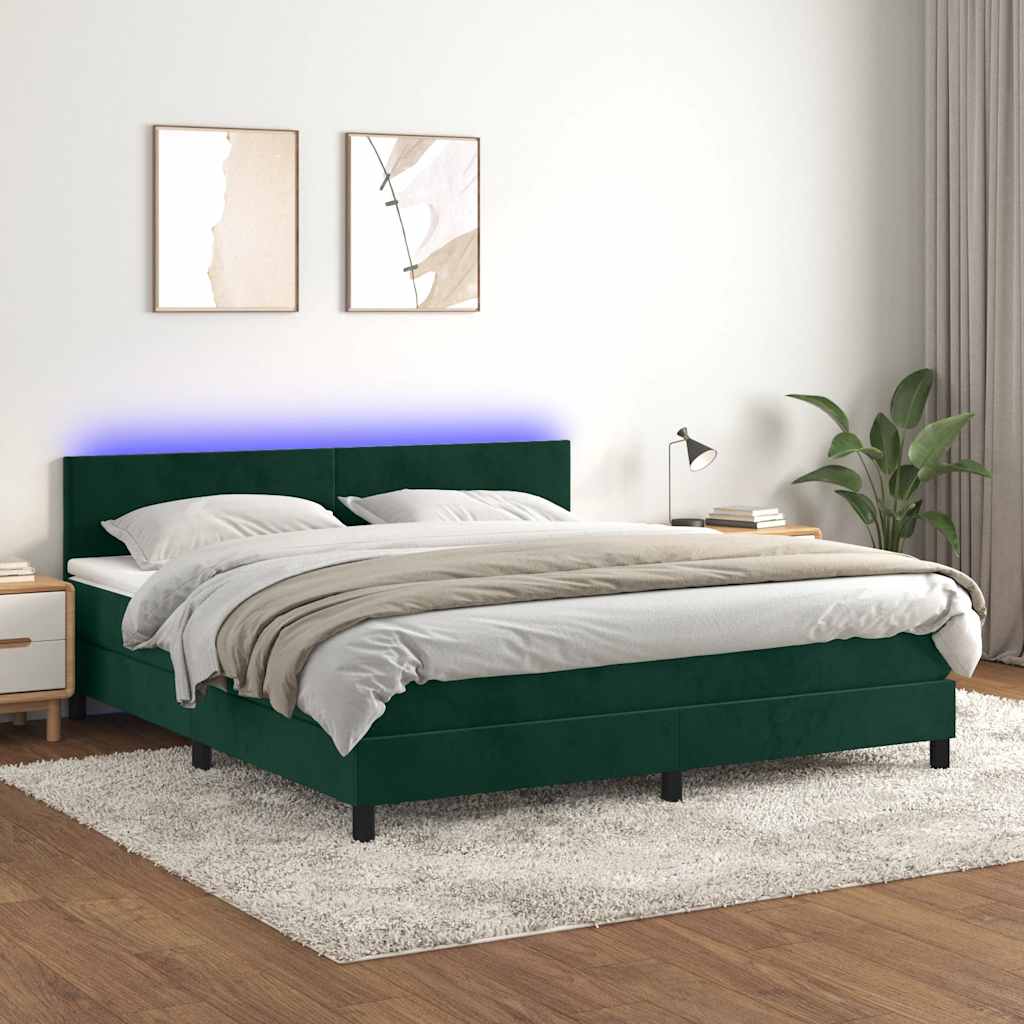 Letto a Molle con Materasso e LED Verde Scuro 160x200cm Velluto | homemem39