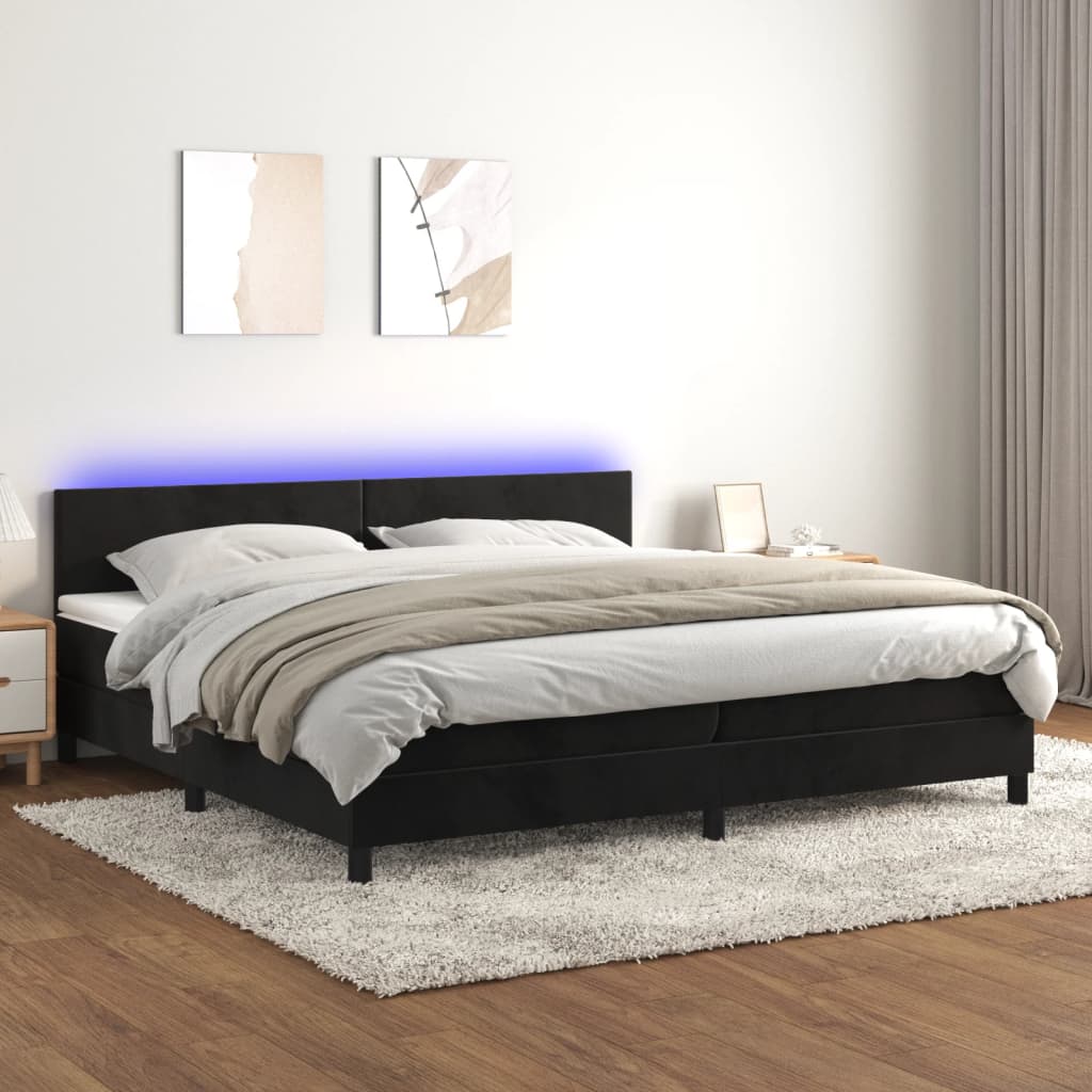 Letto a Molle con Materasso e LED Nero 200x200 cm in Velluto - homemem39