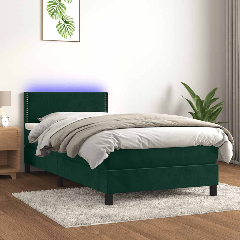 Letto a Molle con Materasso e LED Verde Scuro 90x190 cm Velluto