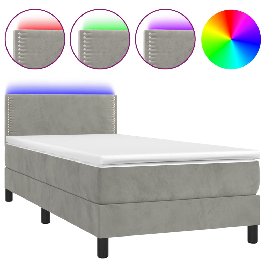 Letto a Molle con Materasso e LED Grigio Chiaro 90x200 cm Velluto