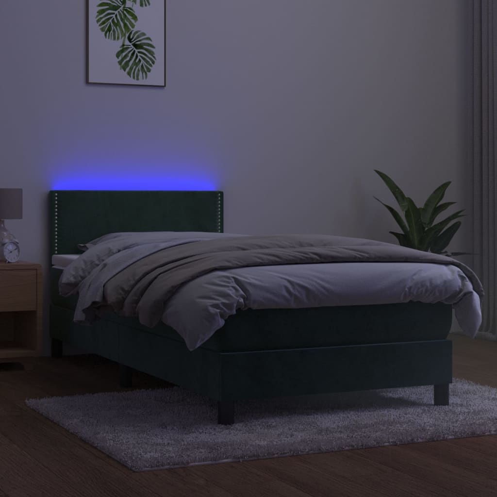 Letto a Molle con Materasso e LED Verde Scuro 90x200cm Velluto