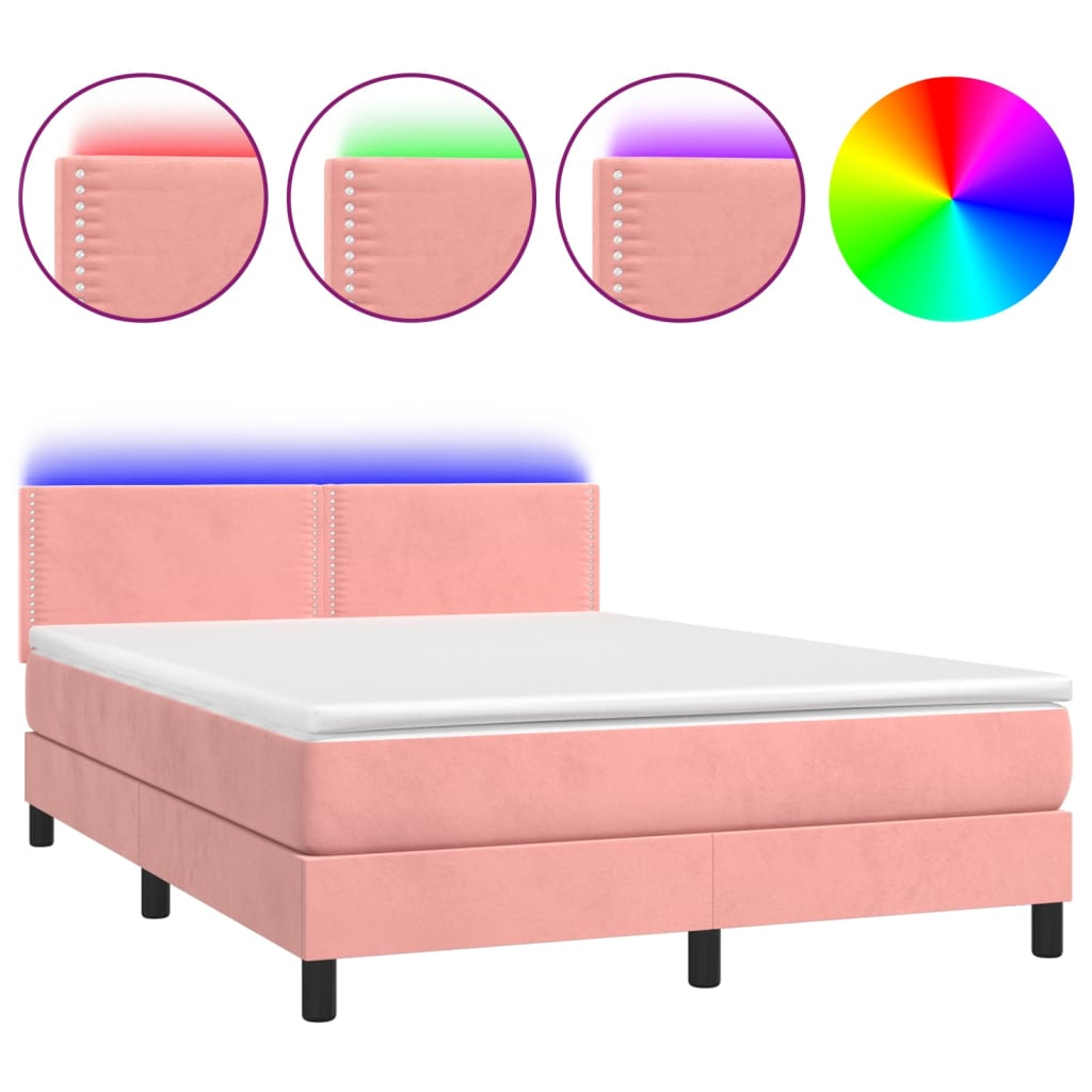 Letto a Molle con Materasso e LED Rosa 140x200 cm in Velluto - homemem39