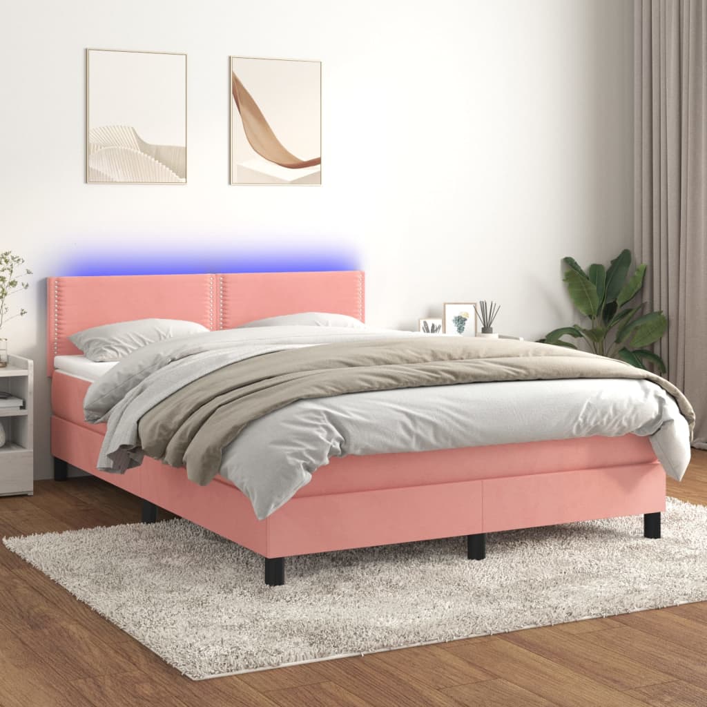 Letto a Molle con Materasso e LED Rosa 140x200 cm in Velluto - homemem39