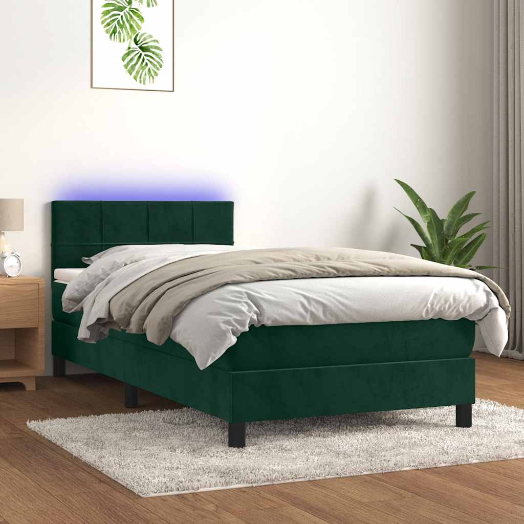 Letto a Molle con Materasso e LED Verde Scuro 80x200cm Velluto | homemem39