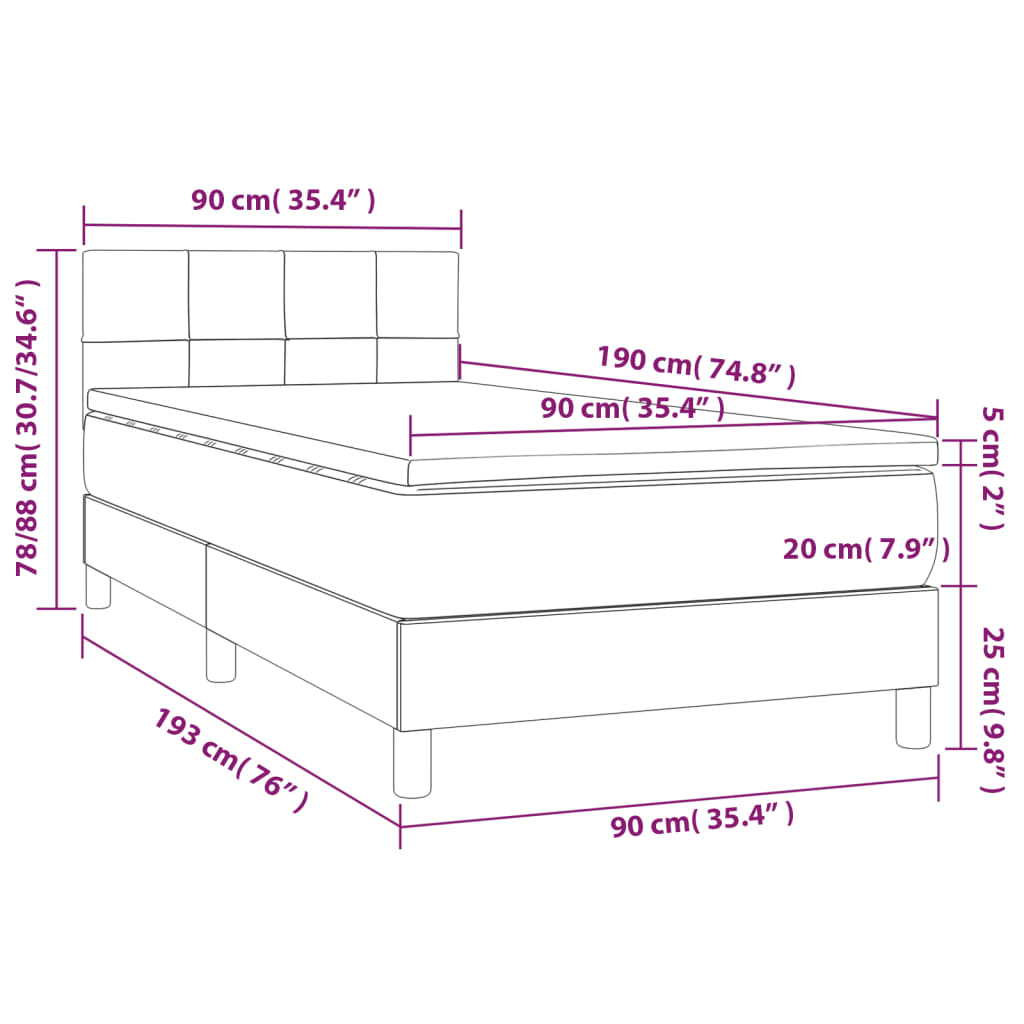 Letto a Molle con Materasso e LED Grigio Scuro 90x190cm Velluto - homemem39