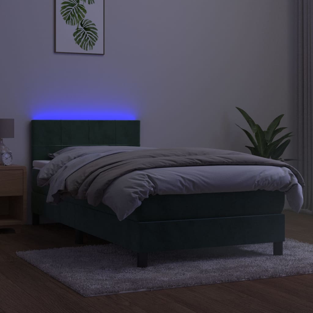 Letto a Molle con Materasso e LED Verde Scuro 90x190 cm Velluto - homemem39