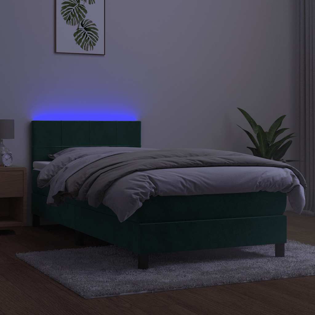 Letto a Molle con Materasso e LED Verde Scuro 90x190 cm Velluto