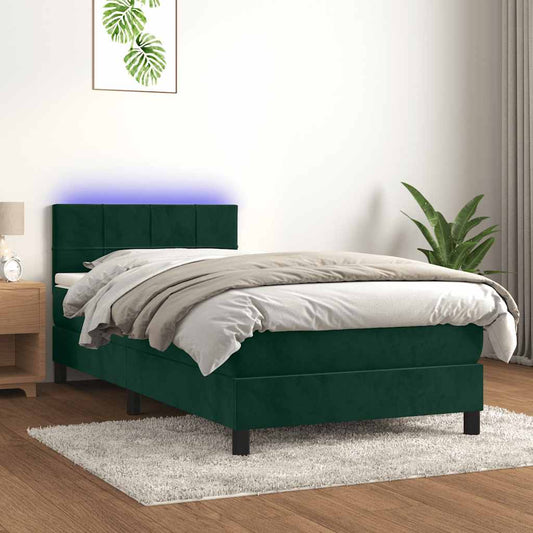 Letto a Molle con Materasso e LED Verde Scuro 90x190 cm Velluto