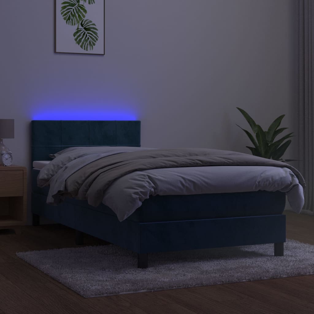 Letto a Molle con Materasso e LED Blu Scuro 90x190cm in Velluto