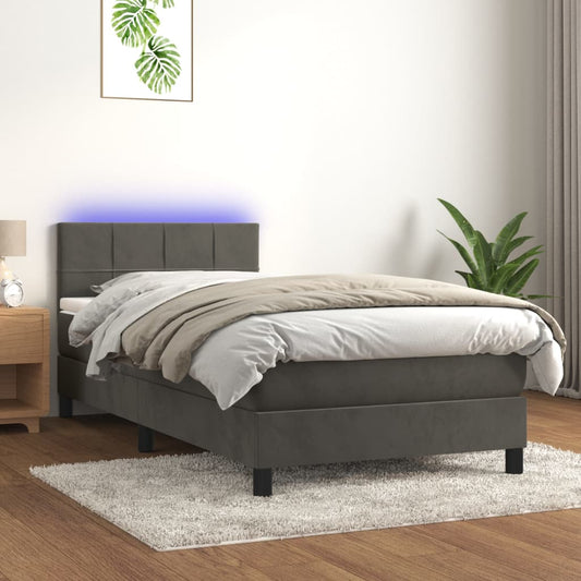 Letto a Molle con Materasso e LED Grigio Scuro 90x200cm Velluto