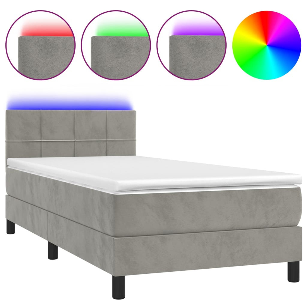 Letto a Molle con Materasso e LED Grigio Chiaro 100x200 cm Velluto | homemem39