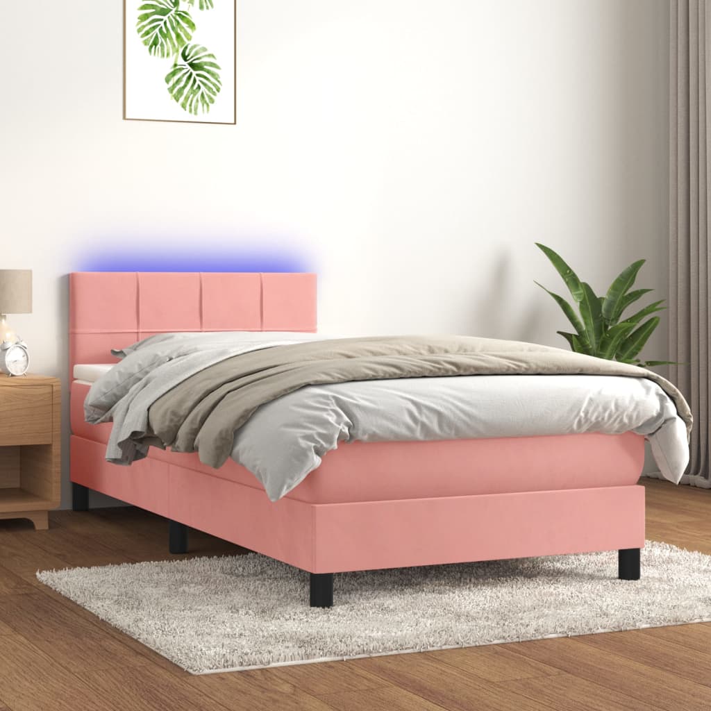 Letto a Molle con Materasso e LED Rosa 100x200 cm in Velluto