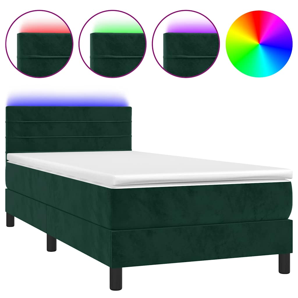 Letto a Molle con Materasso e LED Verde Scuro 90x190 cm Velluto | homemem39