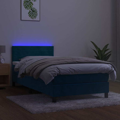 Letto a Molle con Materasso e LED Blu Scuro 90x190cm in Velluto