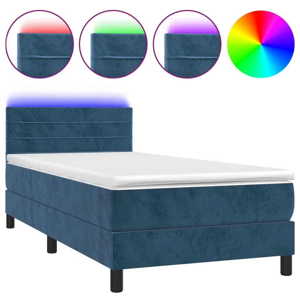 Letto a Molle con Materasso e LED Blu Scuro 90x200cm in Velluto - homemem39