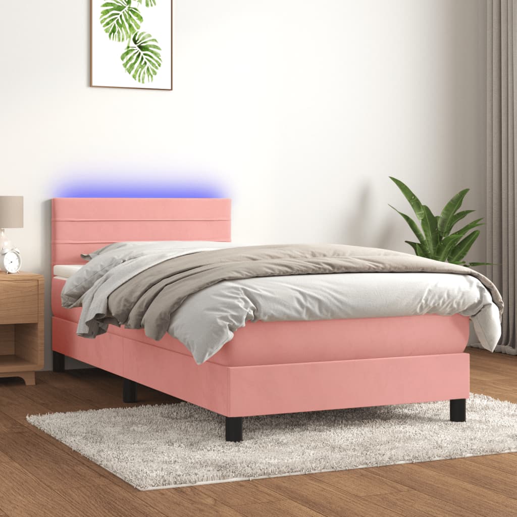 Letto a Molle con Materasso e LED Rosa 90x200 cm in Velluto