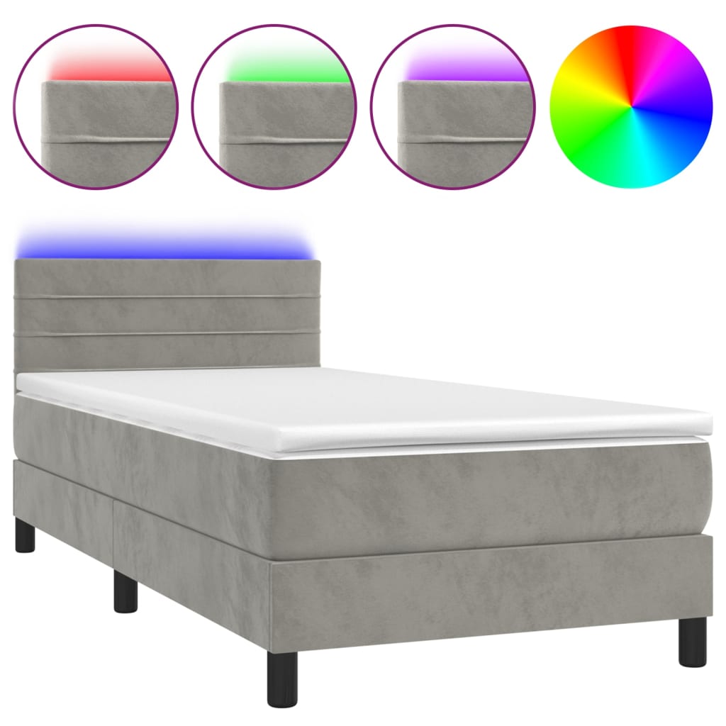 Letto a Molle Materasso e LED Grigio Chiaro 100x200 cm Velluto - homemem39